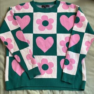 Colorful Floral and Heart Pattern Sweater